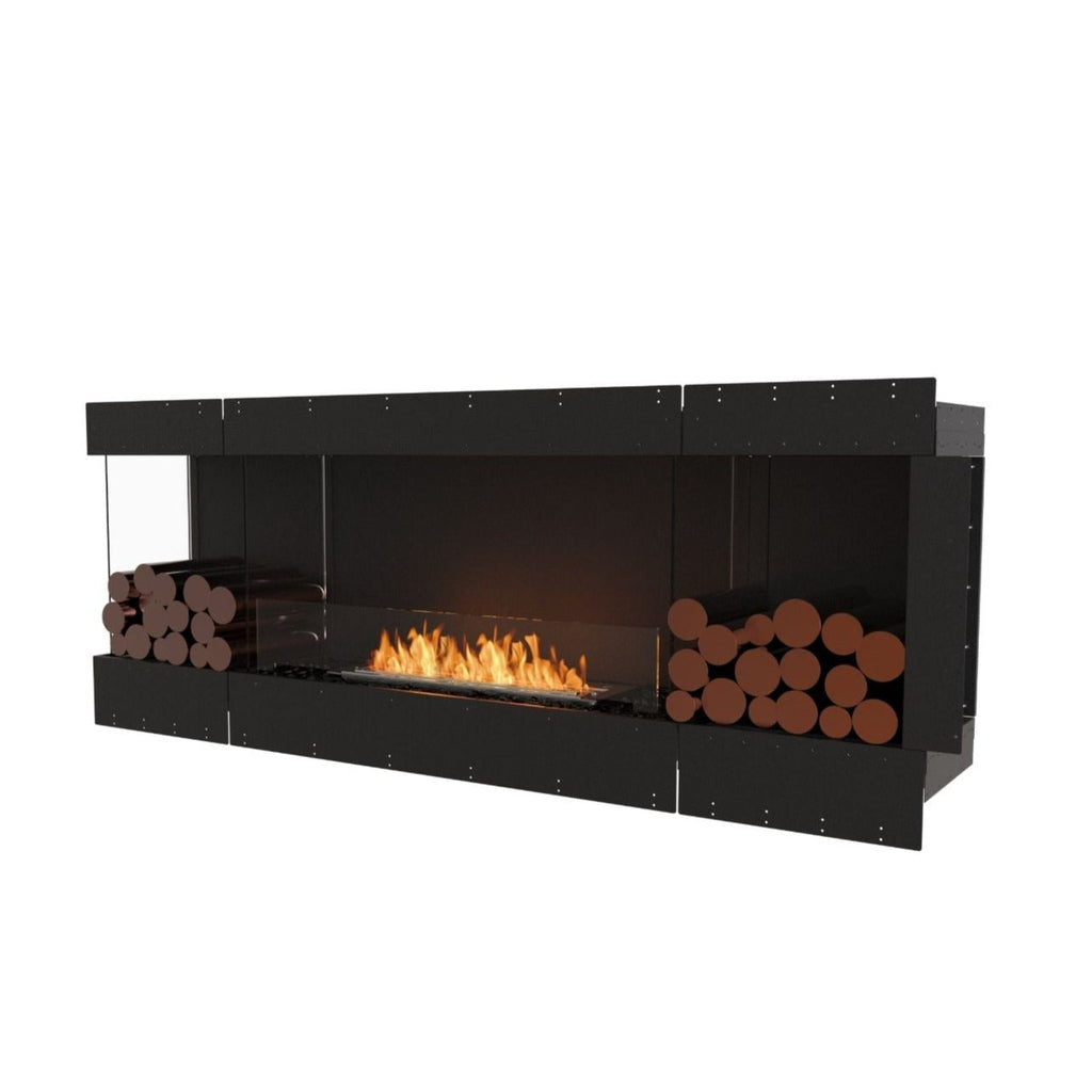 EcoSmart Fire Flex 78 black bioethanol fireplace with a central flame, glass screen, and decorative logs on both sides.
