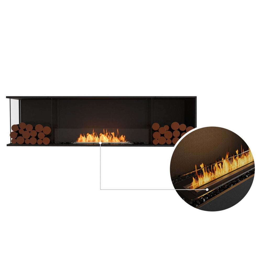 EcoSmart Fire Flex 78 fireplace with black frame, decorative logs, and a circular inset showing the linear flame.