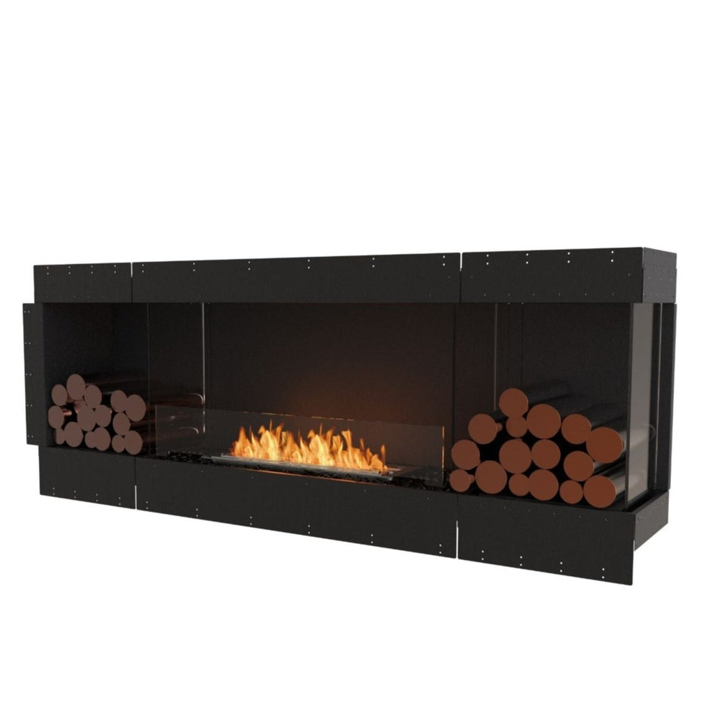 EcoSmart Fire Flex 78 fireplace with black frame, central bioethanol flame, and decorative logs on both sides.