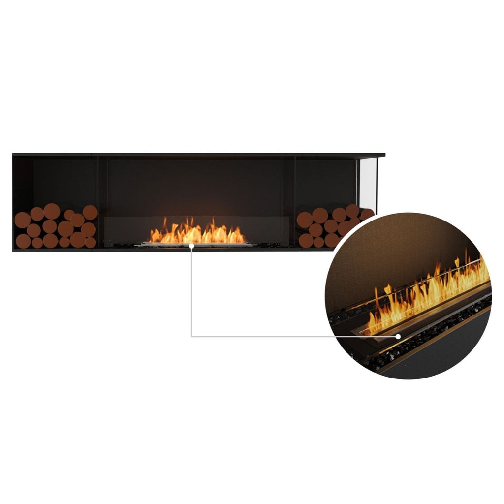 EcoSmart Fire Flex 78 bioethanol fireplace with black finish, log storage sides, and a glass-enclosed flame insert.