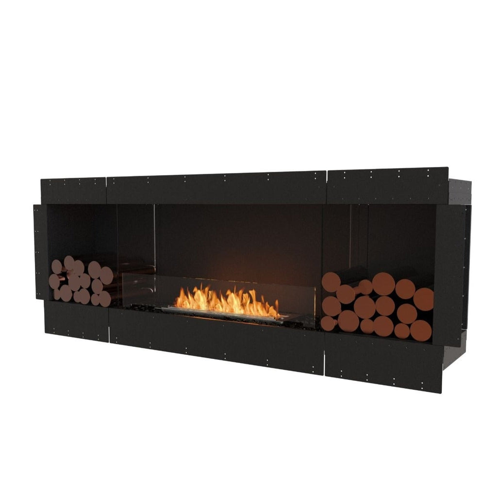 EcoSmart Fire Flex 78 fireplace insert with a black frame, central bioethanol flame, and decorative logs on each side.