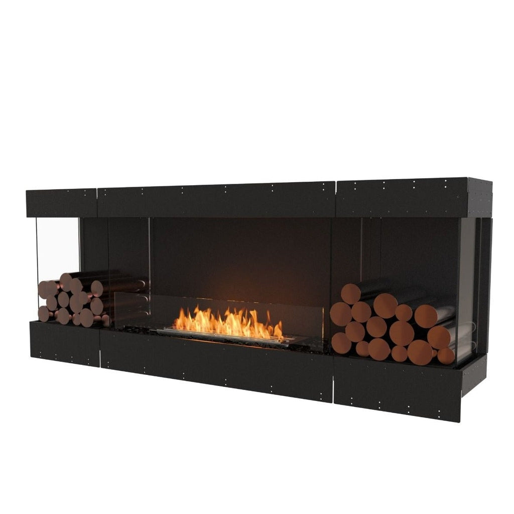 EcoSmart Fire Flex 78 bioethanol fireplace with a black frame, glass sides, and decorative copper-coloured logs.