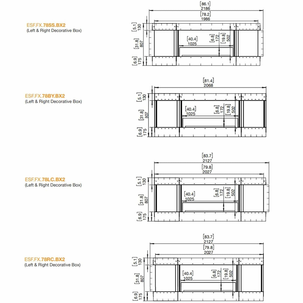 Technical line drawings showing dimensions for four EcoSmart Fire Flex 78 fireplace insert configurations.
