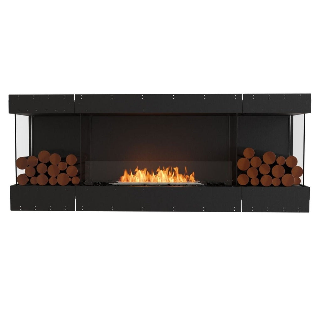 EcoSmart Fire Flex 78 fireplace insert with a black frame, central bioethanol flame, and decorative logs on both sides.