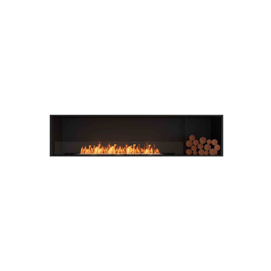 EcoSmart Fire Flex 86 bioethanol fireplace with a black rectangular frame, glass screen, orange flames, and log storage.