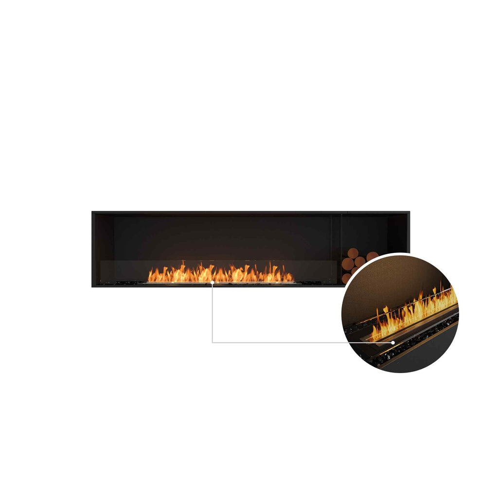 EcoSmart Fire Flex 86 fireplace with a black frame, glass screen, and a circular inset showing the burner flame detail.