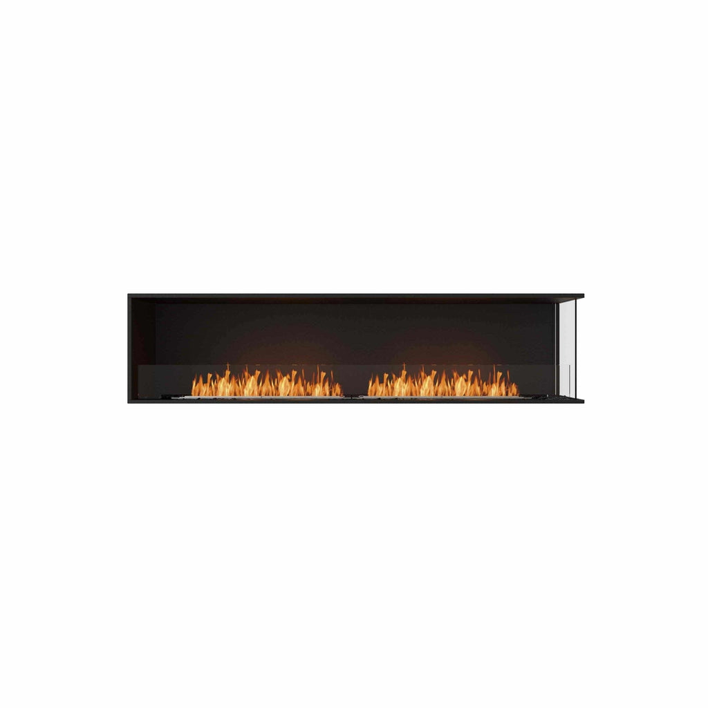 EcoSmart Fire Flex 86 bioethanol fireplace with a black rectangular frame and a long, linear flame behind glass.