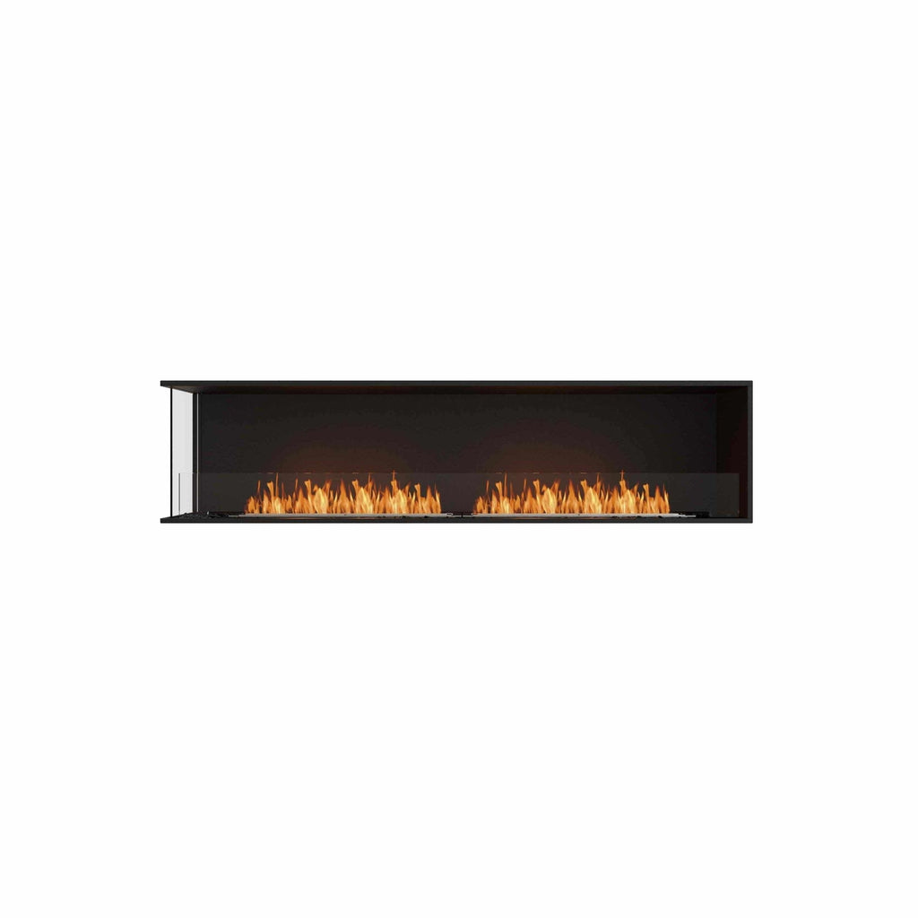 EcoSmart Fire Flex 86 bioethanol fireplace with a black finish and a long, linear flame behind a glass screen.