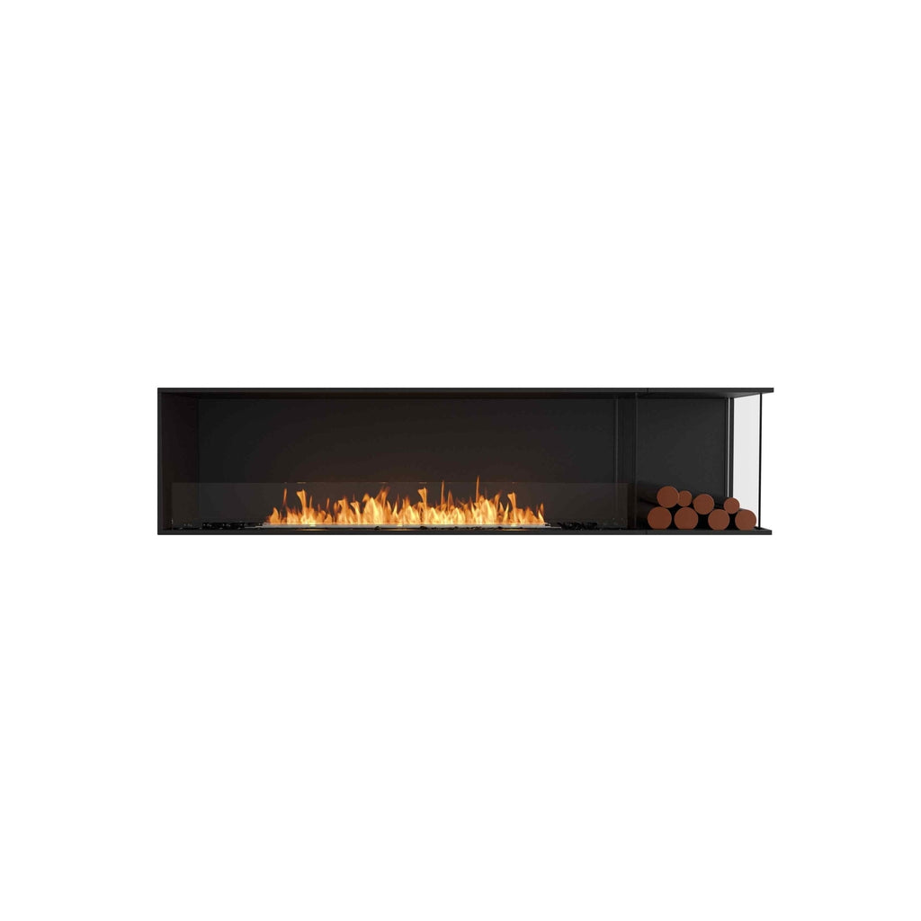 EcoSmart Fire Flex 86 bioethanol fireplace with a black frame, glass front, orange flames, and decorative logs.