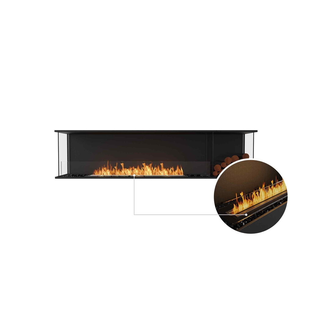 EcoSmart Fire Flex 86 bioethanol fireplace with a black finish, glass front, and a circular close-up of the flames.