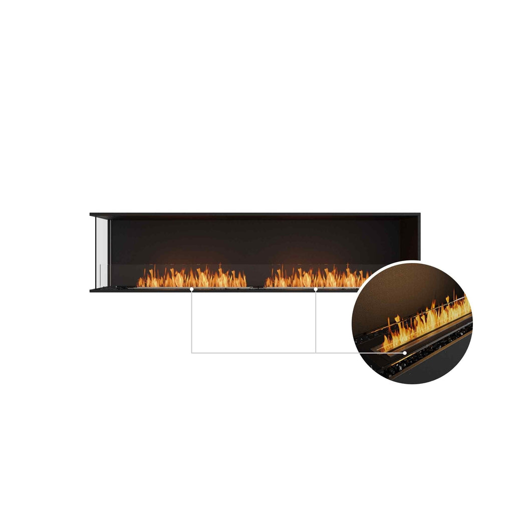 EcoSmart Fire Flex 86 bioethanol fireplace insert with a black finish, glass screen, and a zoomed-in burner detail.