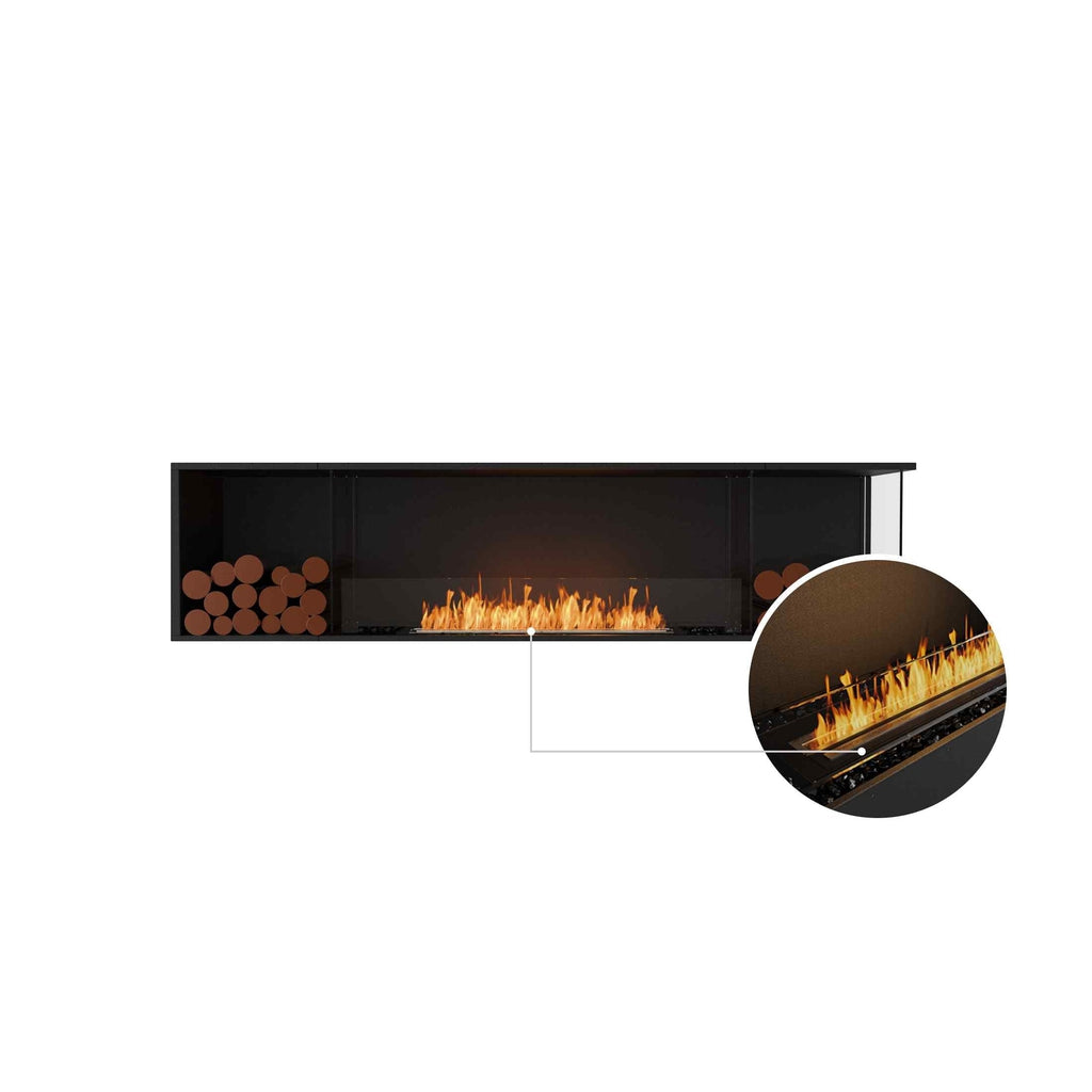 EcoSmart Fire Flex 86 bioethanol fireplace with black frame, decorative logs, and a magnified view of the burner flame.