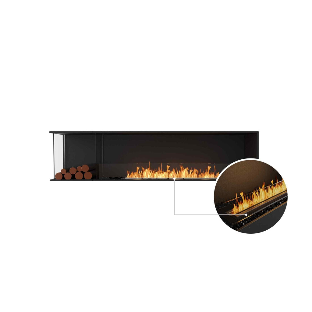 EcoSmart Fire Flex 86 bioethanol fireplace with a black frame, glass side panel, decorative logs, and a flame close-up.