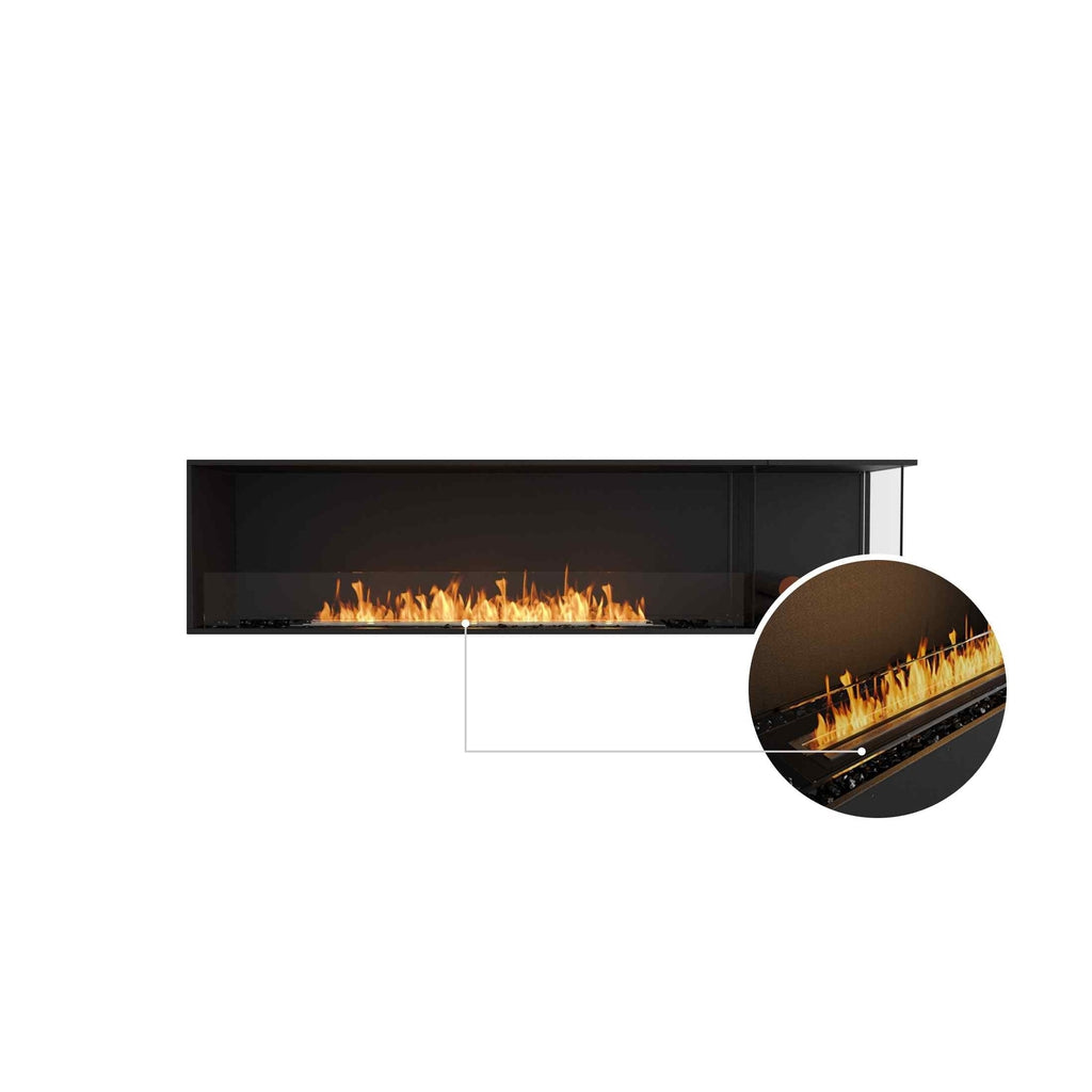 EcoSmart Fire Flex 86 bioethanol fireplace with a black finish, glass screen, and a circular close-up of the flames.