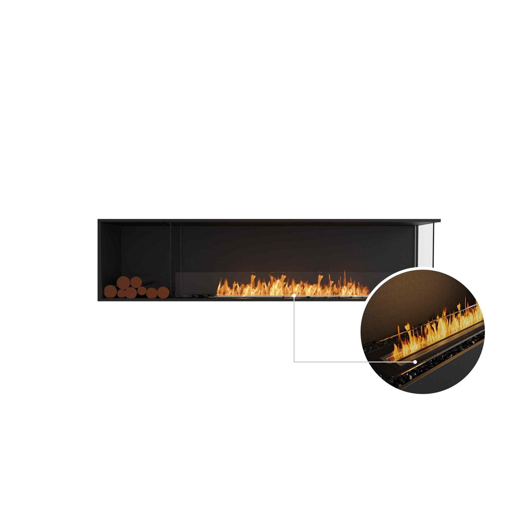 EcoSmart Fire Flex 86 bioethanol fireplace with a black frame, glass screen, and a circular close-up of the burner.