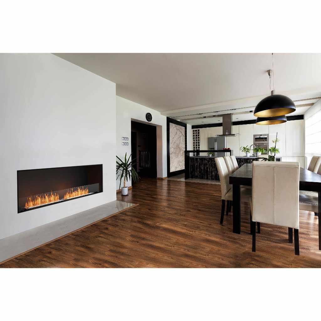 EcoSmart Fire Flex 86 bioethanol fireplace insert with a long, linear flame set into a white wall in a modern room.