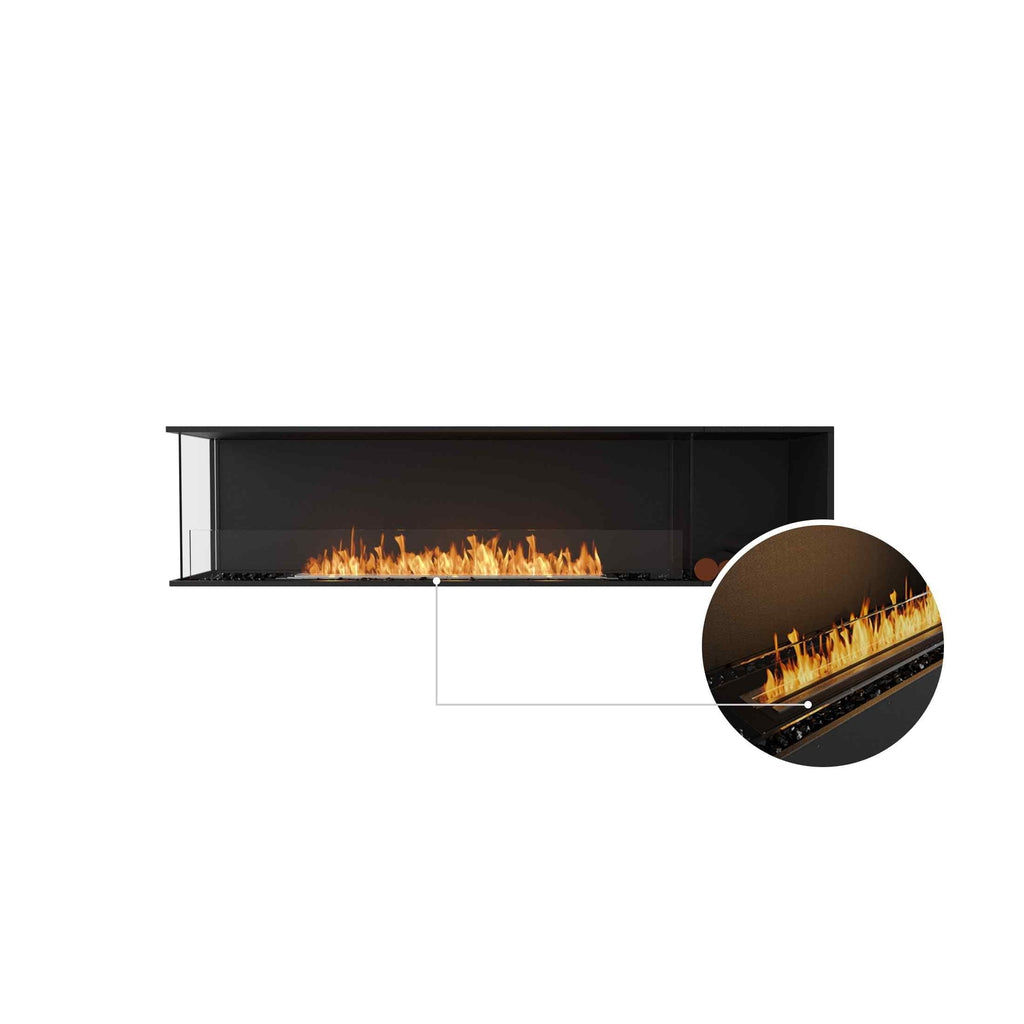 EcoSmart Fire Flex 86 bioethanol fireplace with a black finish, glass screen, and a close-up of the burning flame.
