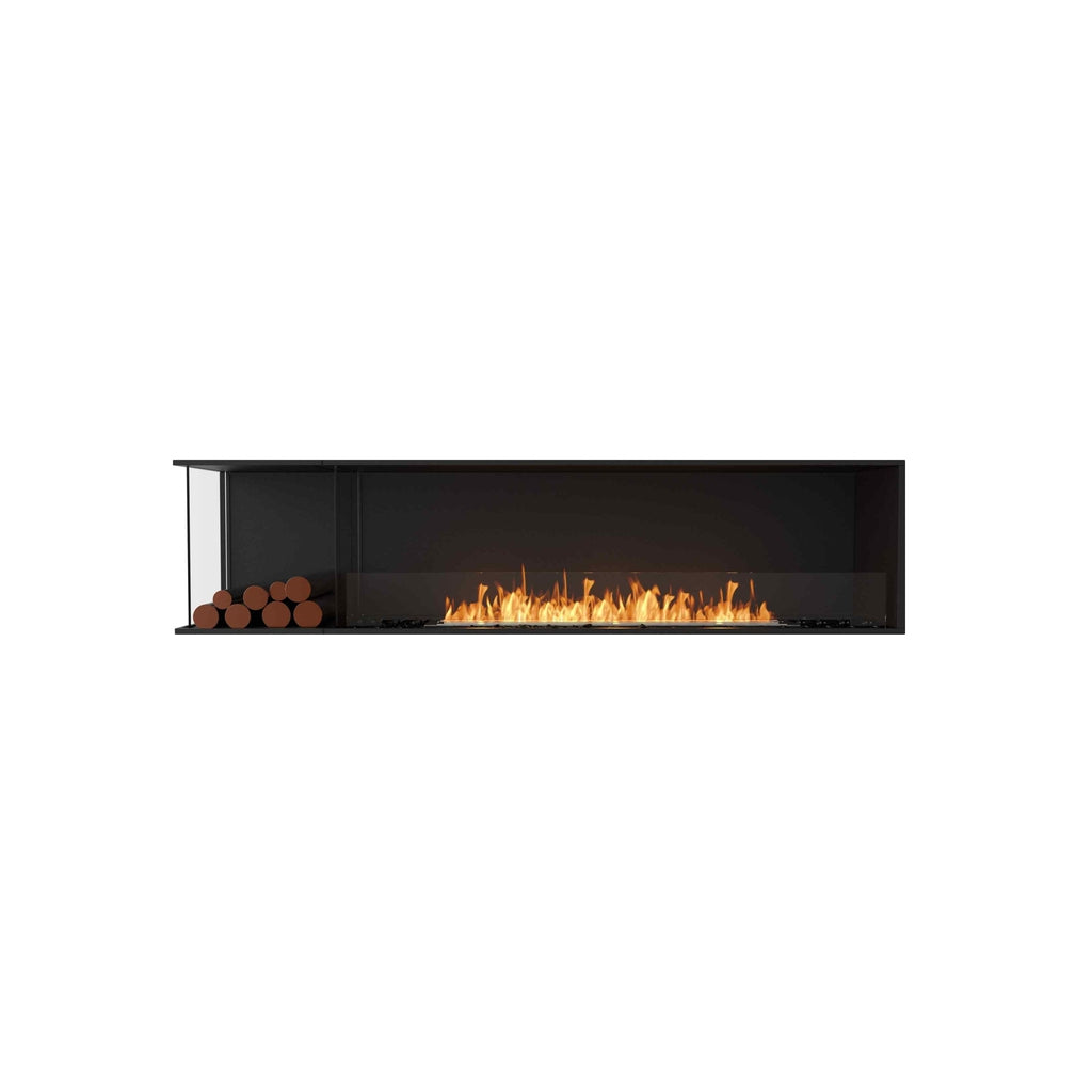 EcoSmart Fire Flex 86 bioethanol fireplace with a black frame, glass screen, and decorative logs on the left.