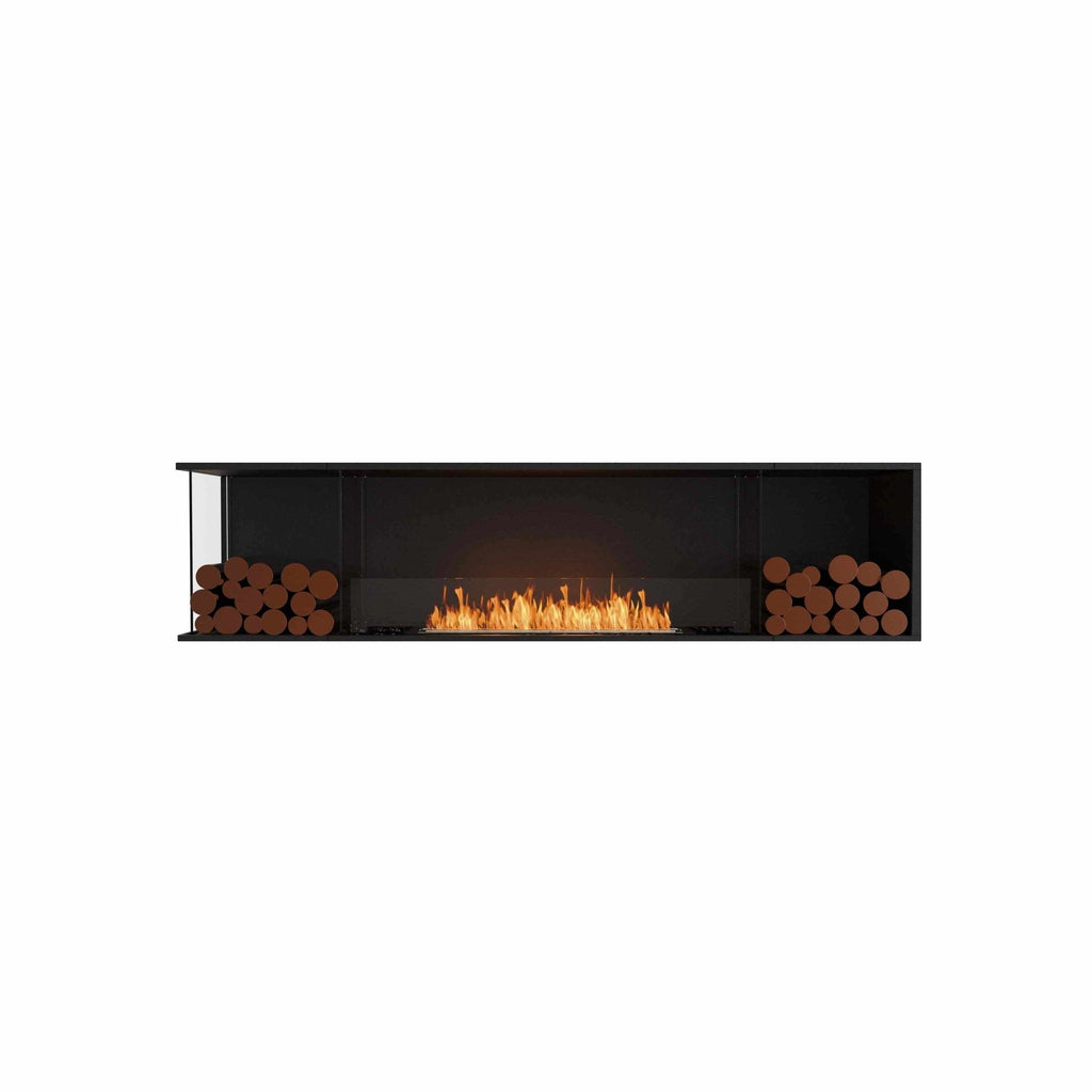 EcoSmart Fire Flex 86 bioethanol fireplace with a black frame, central flame, and decorative logs on both sides.