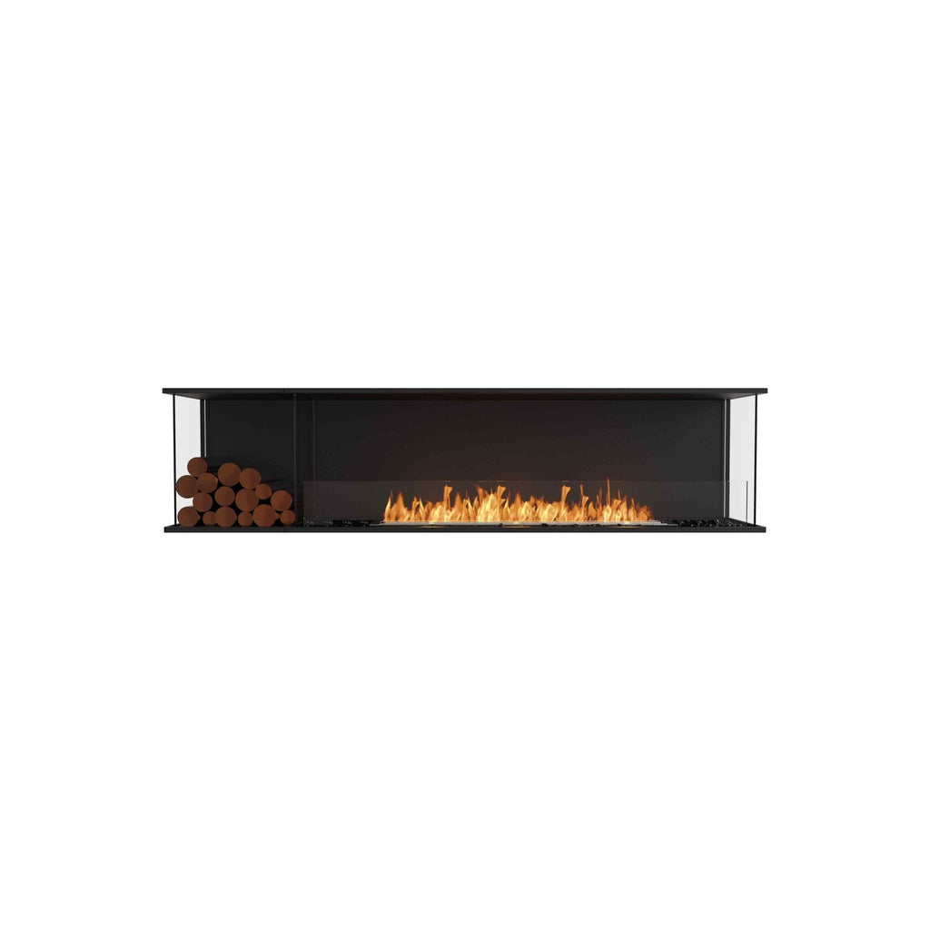 EcoSmart Fire Flex 86 fireplace with a black frame, glass sides, orange flames, and decorative logs on the left.