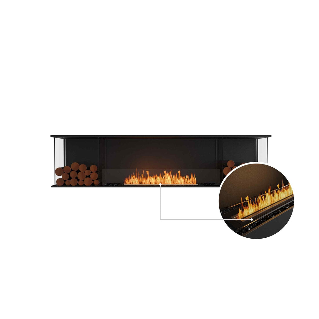 EcoSmart Fire Flex 86 bioethanol fireplace with a black frame, decorative logs, and a magnified view of the flames.