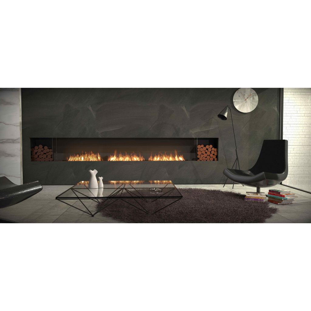 EcoSmart Fire Flex 86 bioethanol fireplace with a long flame set into a dark grey wall with side log storage.