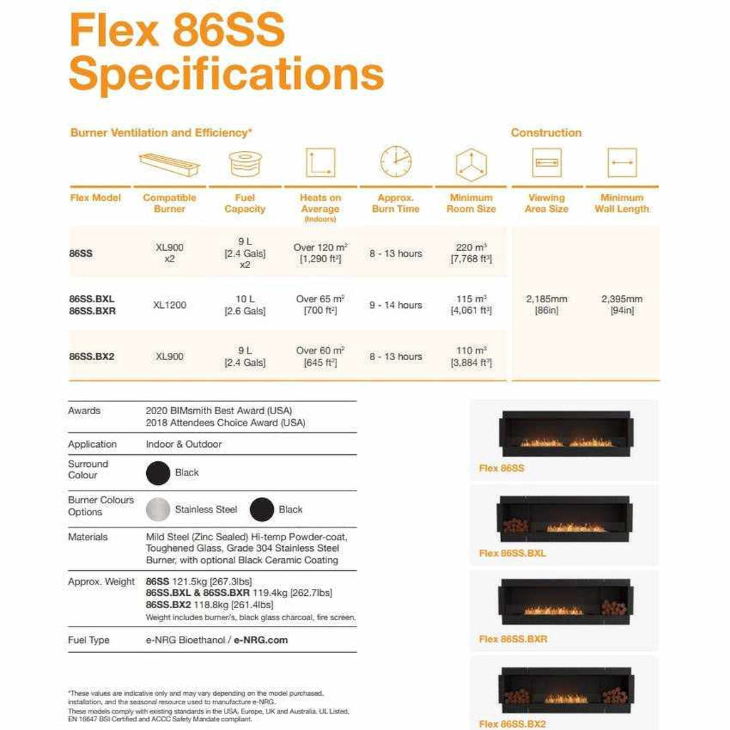 EcoSmart Fire Flex 86 specification chart showing technical data, burner options, and fireplace model images.