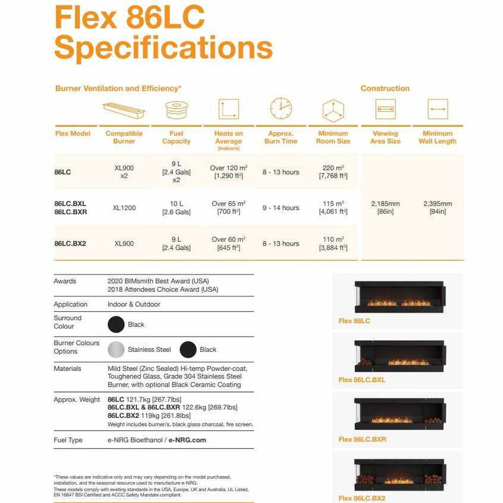 Technical specification table for EcoSmart Fire Flex 86 models showing burner data, dimensions, and fireplace images.