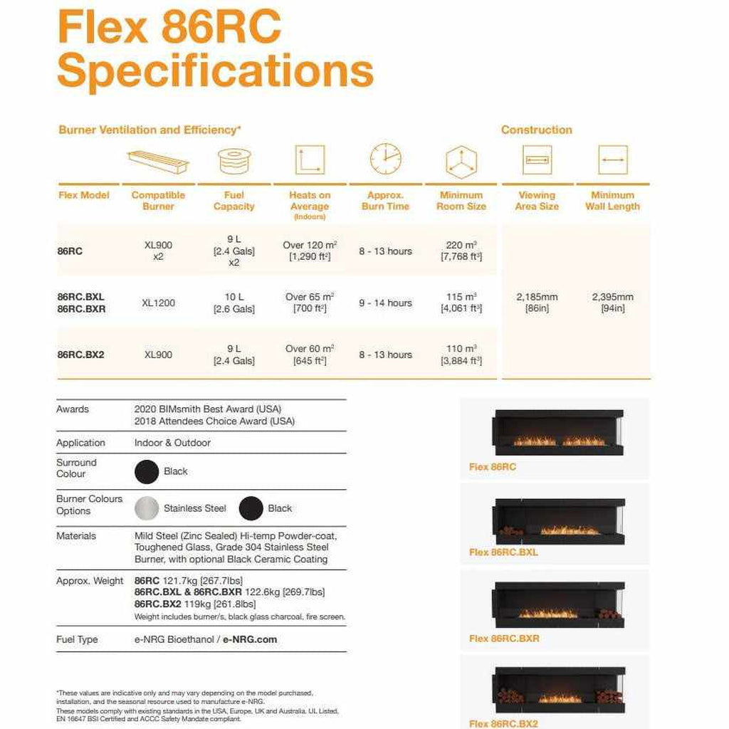 EcoSmart Fire Flex 86 specification chart showing technical data and four black bioethanol fireplace models.