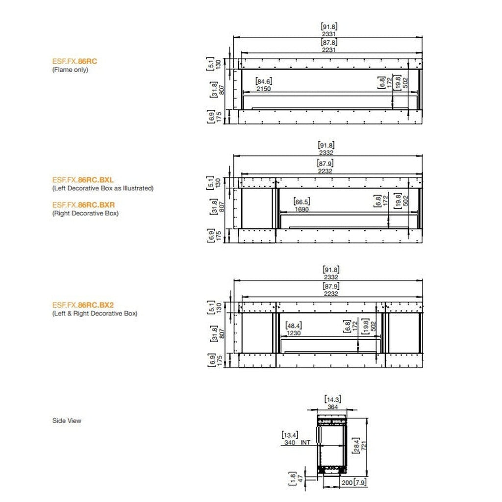 Technical line drawings showing dimensions for EcoSmart Fire Flex 86 Bioethanol Single Room Fireplace Insert models.