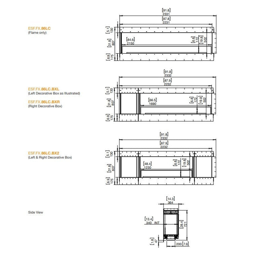 Technical line drawings showing dimensions for the EcoSmart Fire Flex 86 Bioethanol Single Room Fireplace Insert.