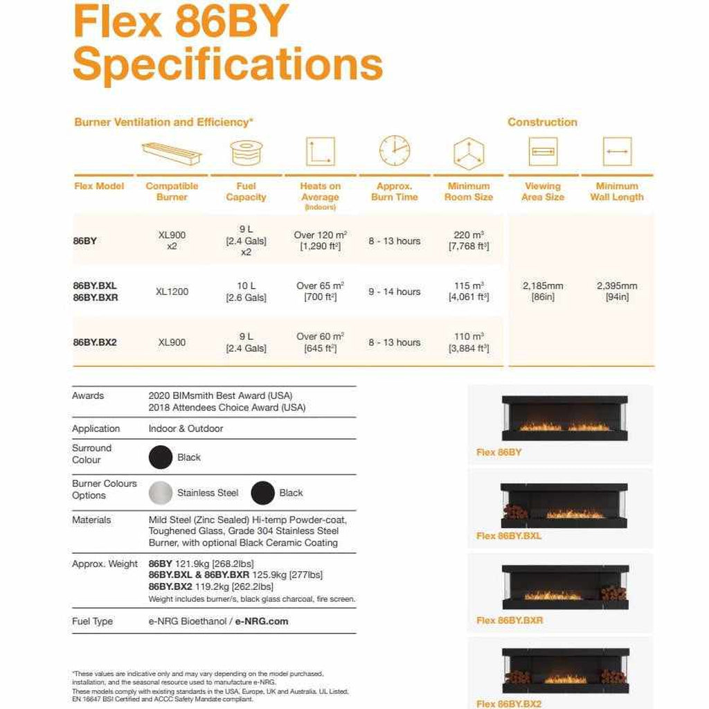 EcoSmart Fire Flex 86 specification chart showing technical data, dimensions, and images of four fireplace models.