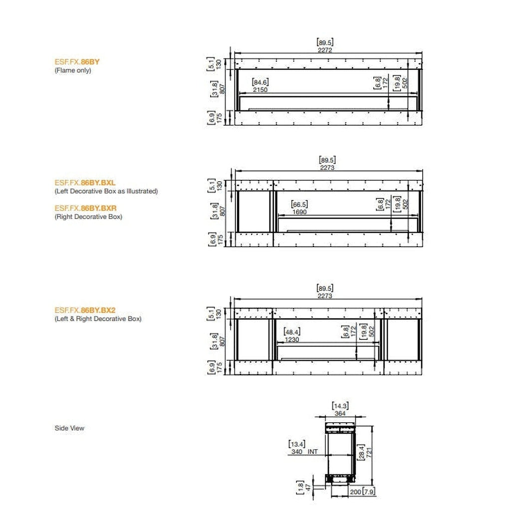 Technical line drawings showing dimensions for EcoSmart Fire Flex 86 fireplace configurations and side profile.