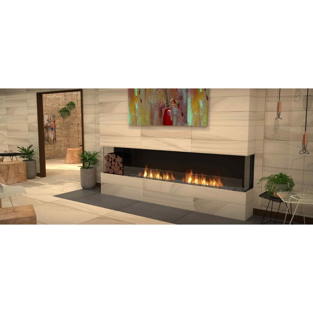 EcoSmart Fire Flex 86 bioethanol fireplace with a long flame, glass sides, and light stone-tiled surround.