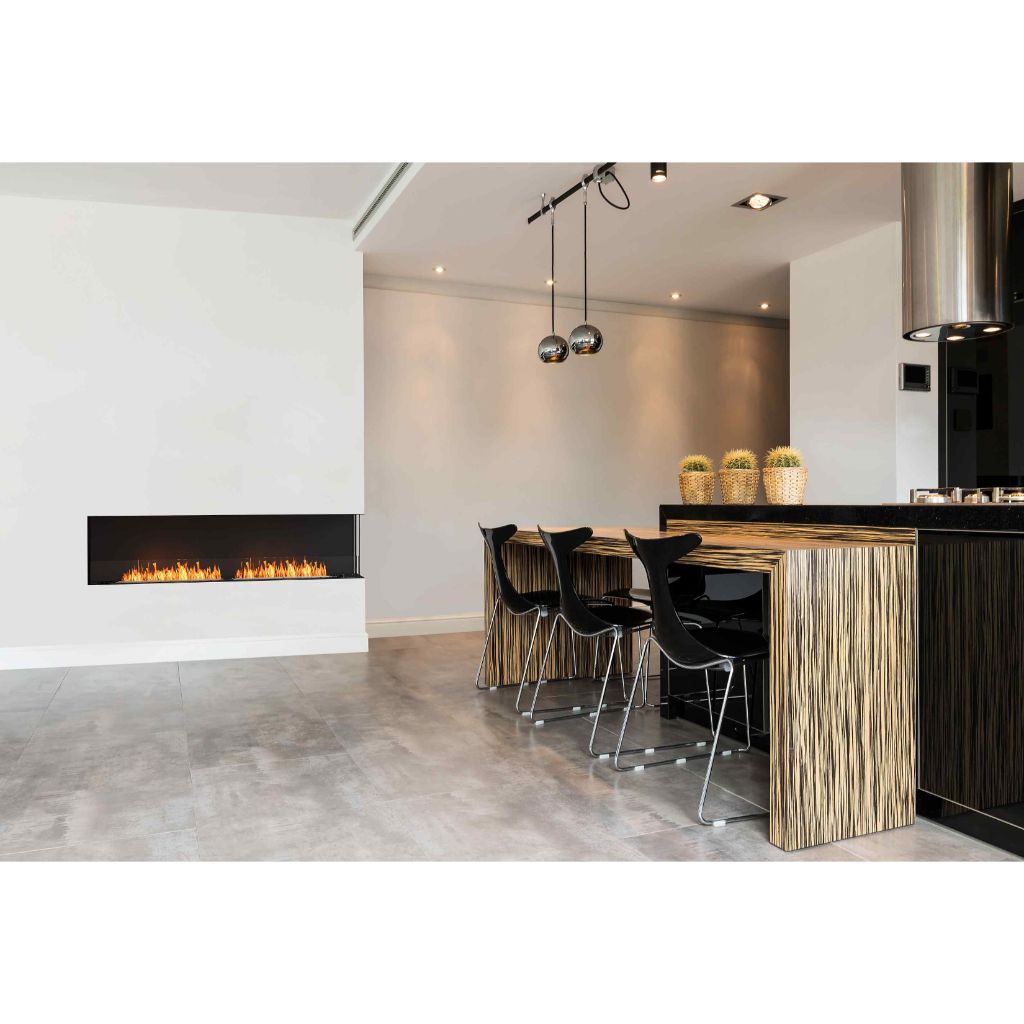 EcoSmart Fire Flex 86 bioethanol fireplace insert with a long, linear flame in a modern, open-plan living space.