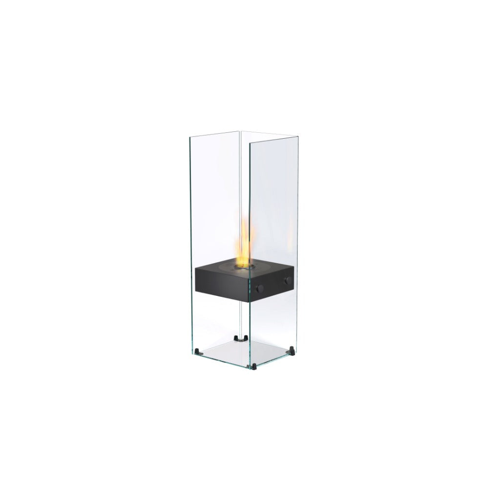 EcoSmart Fire Ghost bioethanol fireplace with a black square base and tall clear glass panels on a white background.