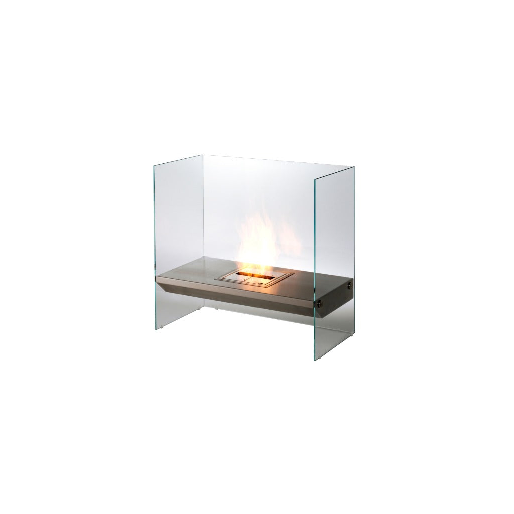 EcoSmart Fire Igloo bioethanol fireplace with a brushed metal base and clear glass surround, featuring a central flame.
