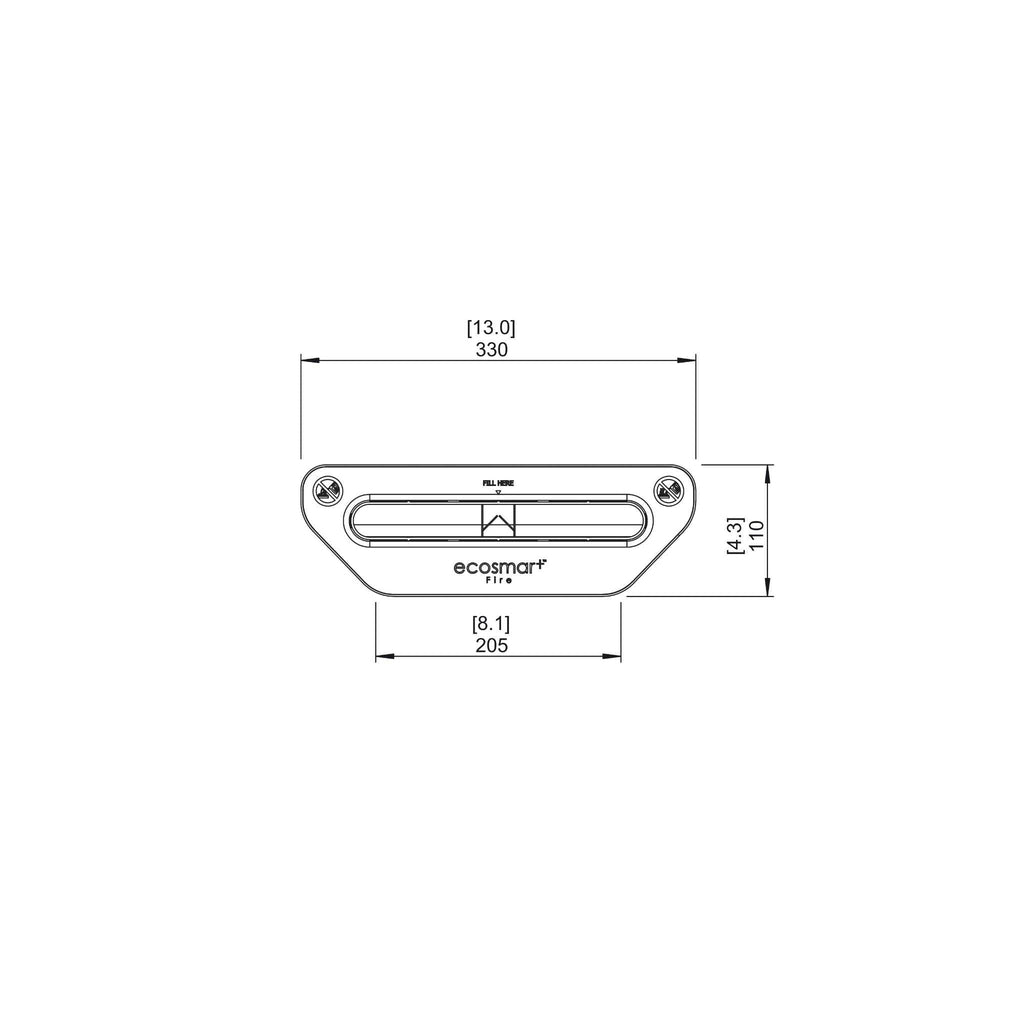 Technical line drawing of the EcoSmart Fire VB2 ethanol burner showing dimensions in millimetres and inches.