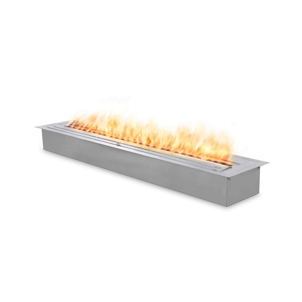 EcoSmart Fire XL1200 ethanol burner in brushed stainless steel with a long, linear flame against a white background.