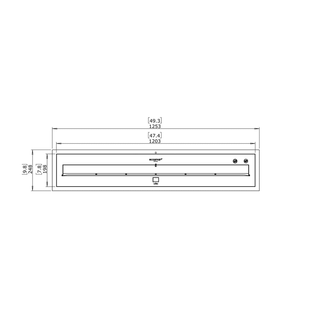 Technical line drawing of the EcoSmart Fire XL1200 ethanol burner showing top-down dimensions in millimetres.