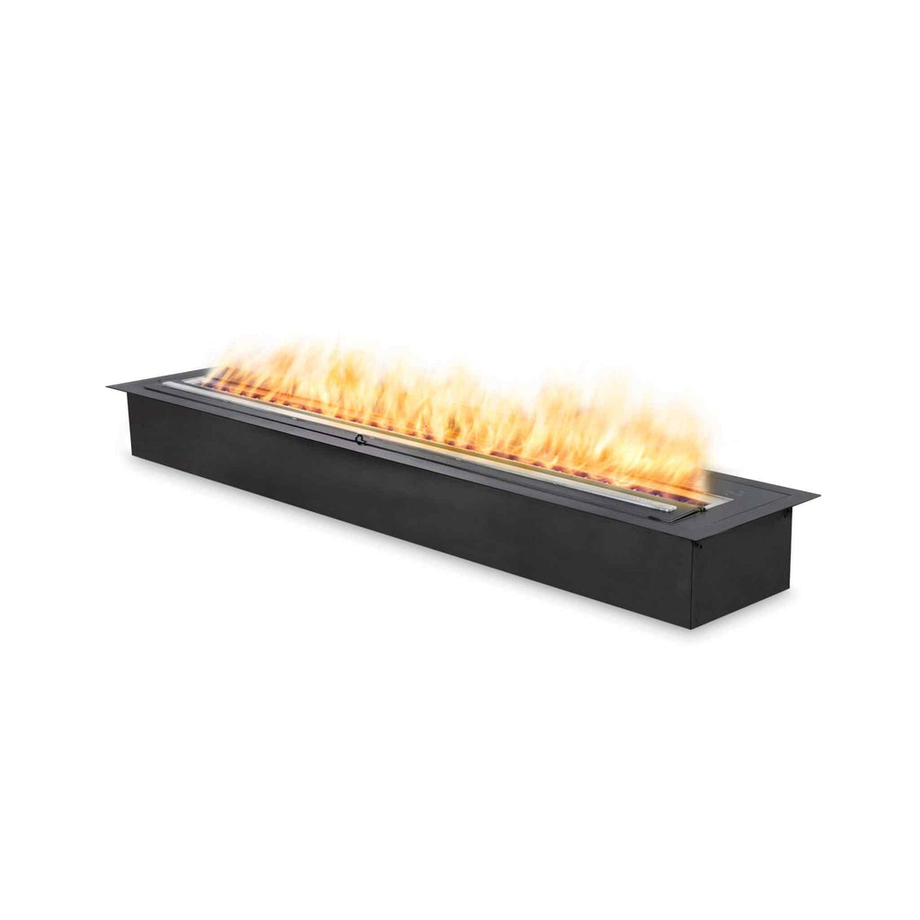 EcoSmart Fire XL1200 ethanol burner with a long, rectangular black metal casing and a continuous orange flame.