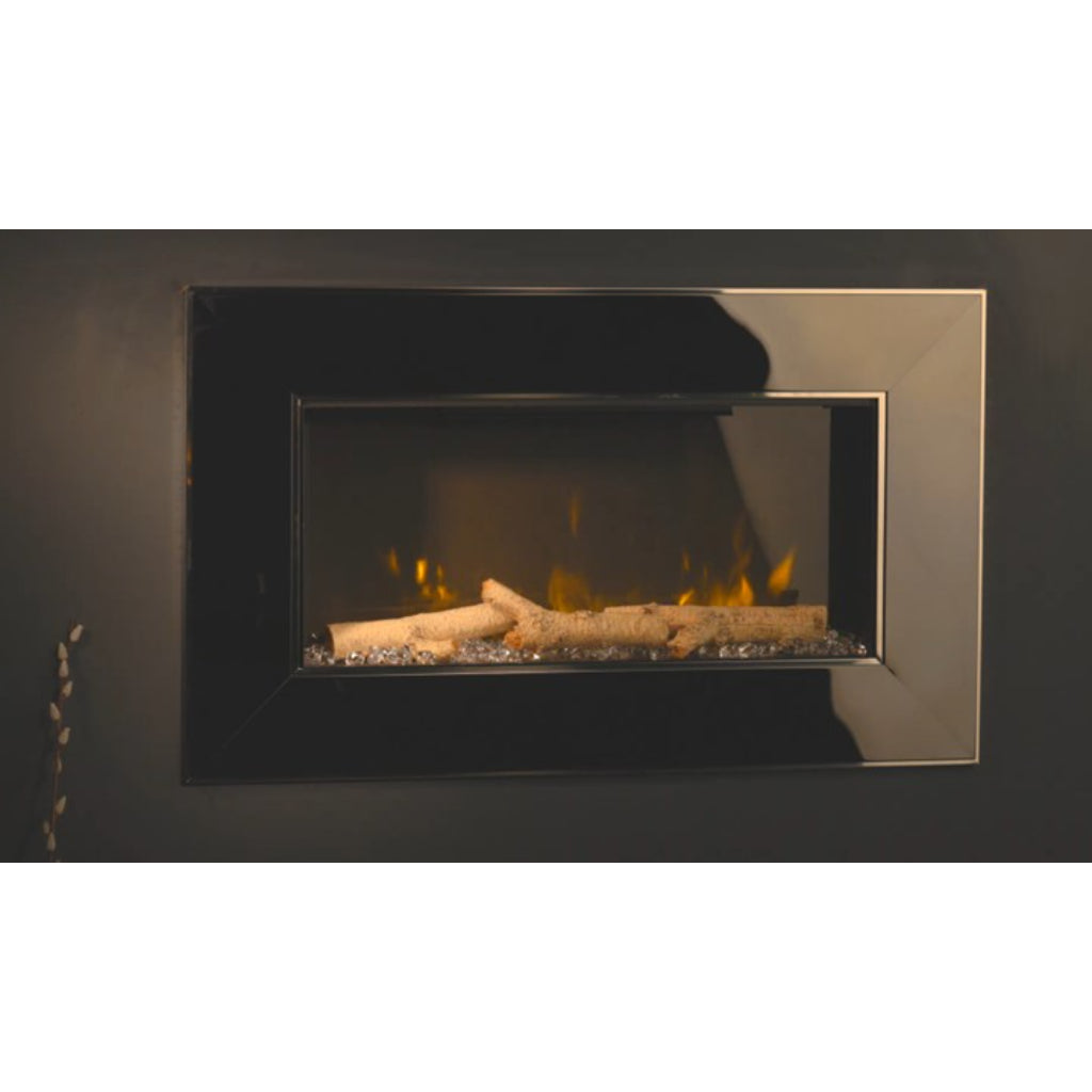 Flametek Treviso electric fireplace with a black glass frame, glowing log fuel bed, and realistic orange flame effect.