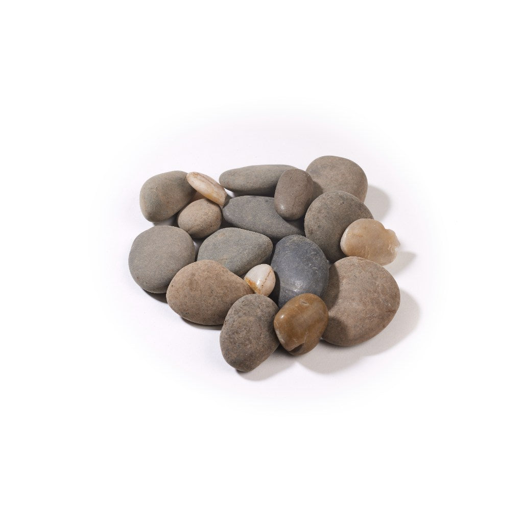 A pile of smooth, multi-coloured decorative river stones for the Flametek Treviso electric fireplace.