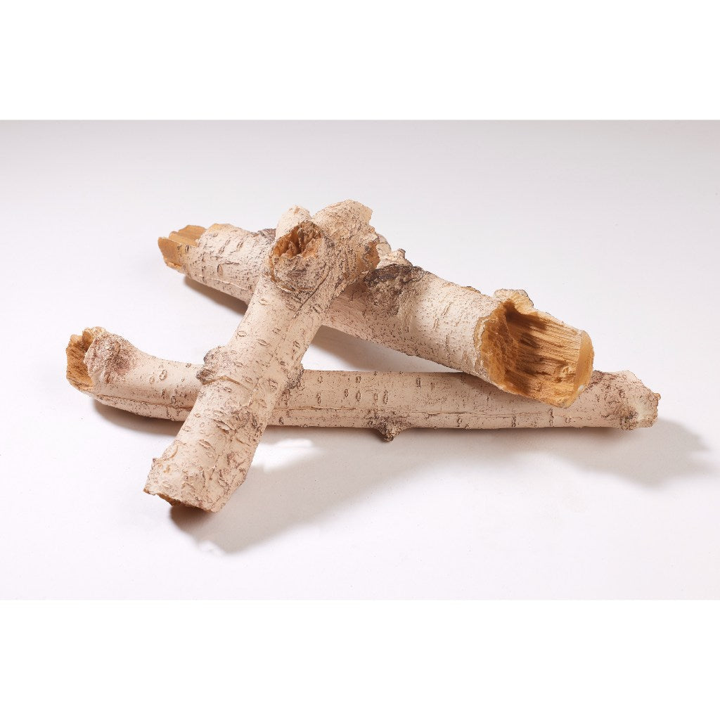 Three realistic, light-coloured birch wood logs for the Flametek Treviso electric fireplace on a white background.