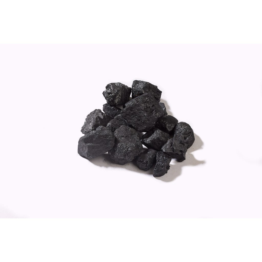Small pile of black, textured coal pieces for the Flametek Treviso electric fireplace on a white background.