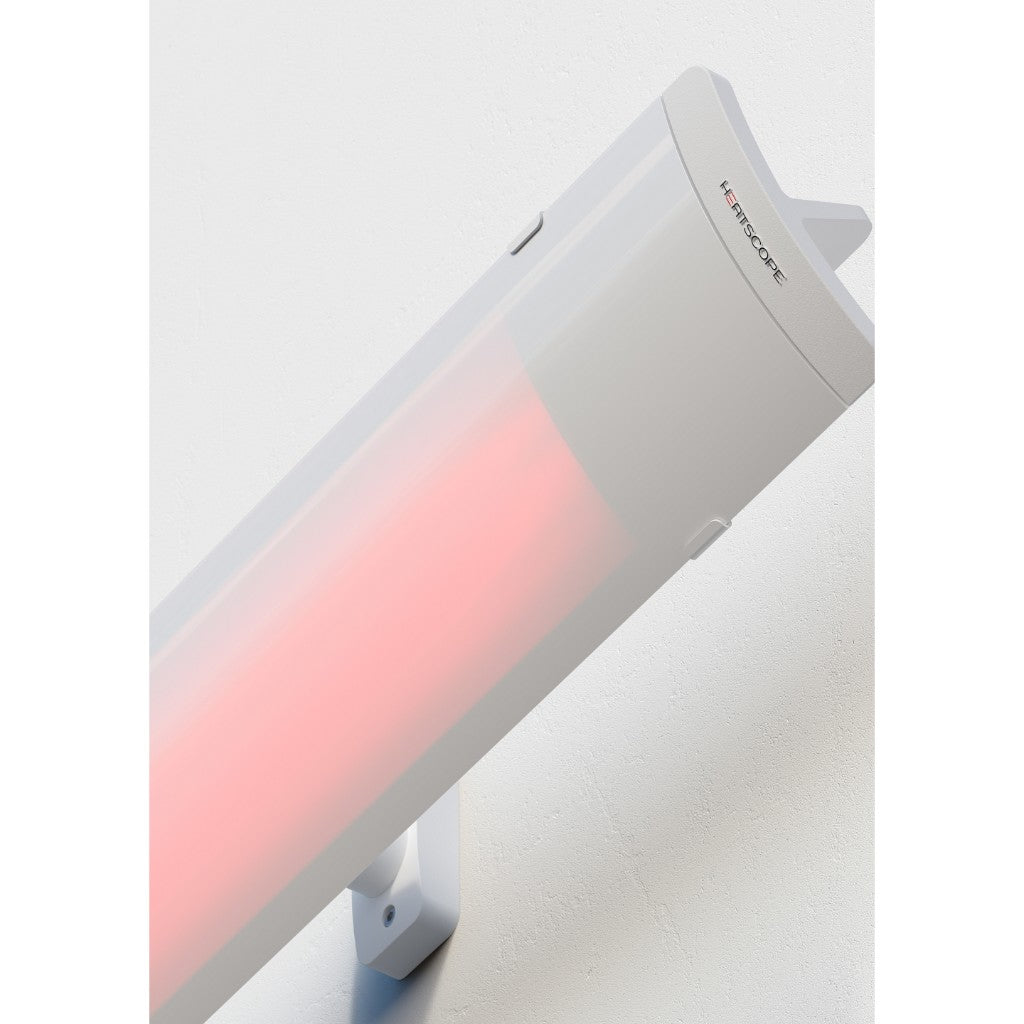 White Heatscope Heaters Pure 2400W electric radiant heater mounted on a white wall with a glowing orange element.