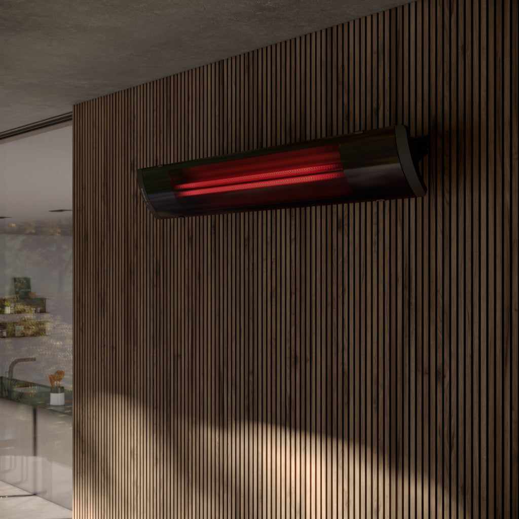 Heatscope Heaters Pure 2400W electric radiant heater with a black finish mounted on a vertical wooden slat wall.