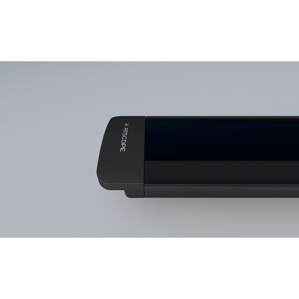 Close-up of a black Heatscope Heaters Pure 3000W electric radiant heater with a sleek, minimalist design.