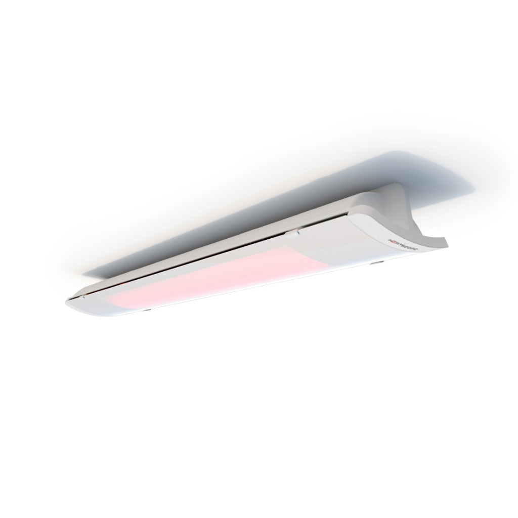 Heatscope Heaters Pure 3000W electric radiant heater in white, ceiling-mounted with a glowing pink heating element.