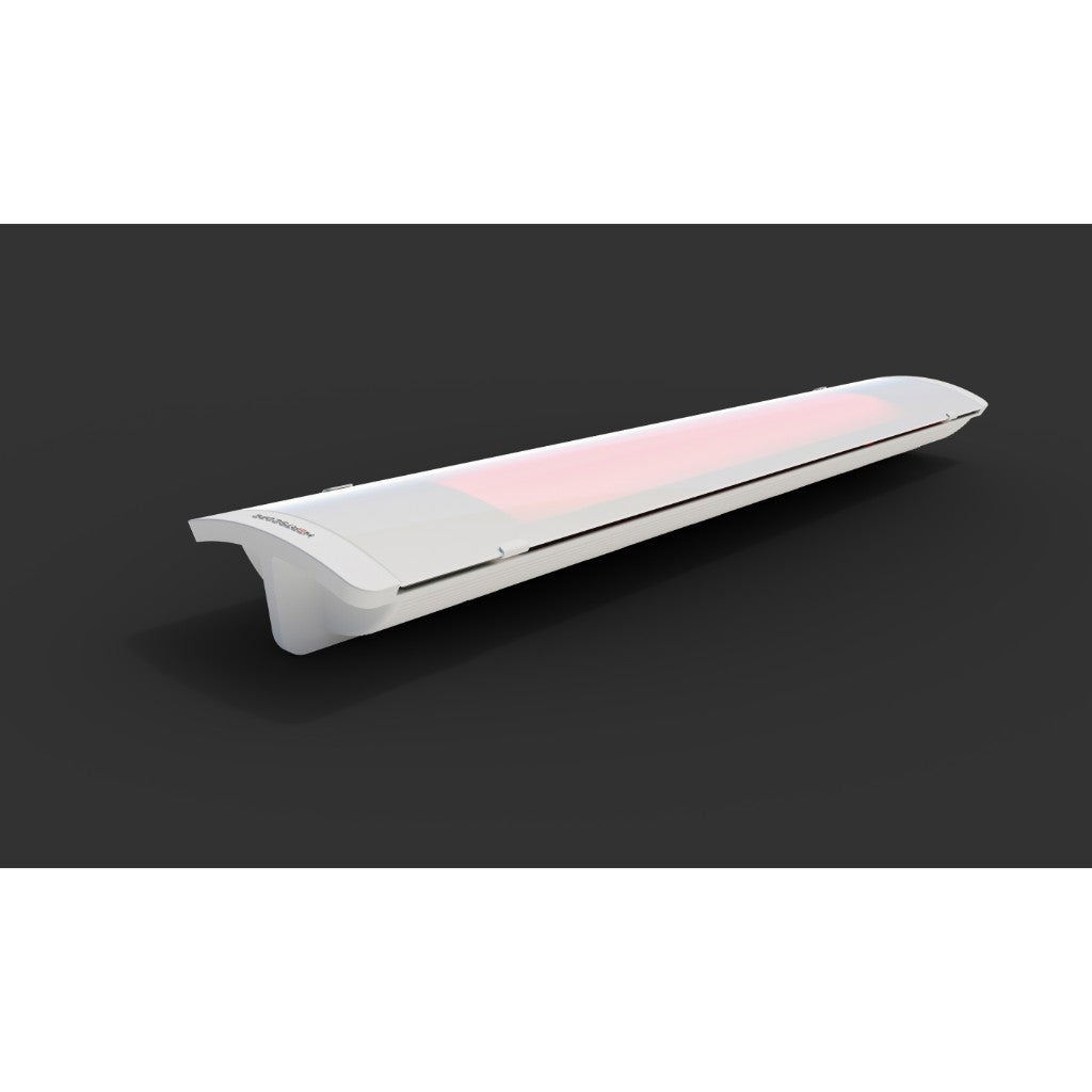 Heatscope Heaters Pure 3000W electric radiant heater in white with a glowing orange heating element on a dark background.